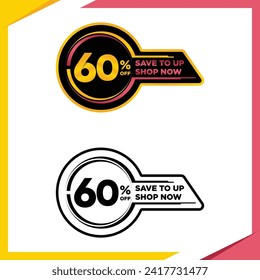 60 por ciento de la oferta plana estampado, venta de despegue de adhesivos. Emblema del producto de finanzas Vector Premium