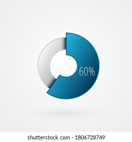 60 percent isolated pie chart. Percentage vector symbol, infographic  blue gray gradient icon. Circle sign for business, finance, web design, download, progress