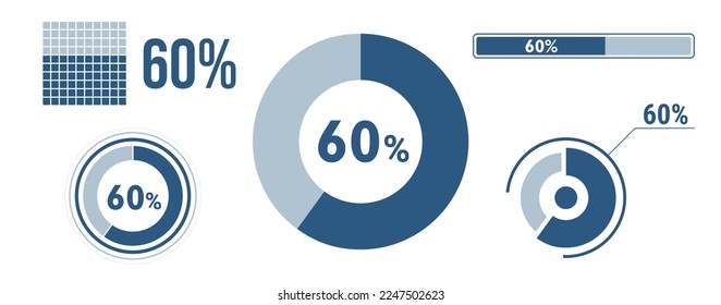 conjunto de iconos de carga de datos del 60%. Diagrama de 60 círculos, gráfico circular, barra de progreso. 60% de infografía. Colección de conceptos vectores, color azul.