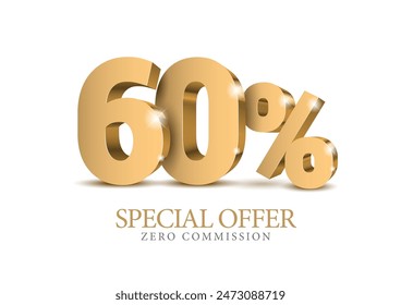 60 percent number. Sixty number in gold 3d. Poster template for discount, sale discount, work progress. Vector illustration