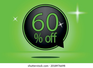 60 percent off black balloon and floating. with green background, banner 60% off green, shadow
