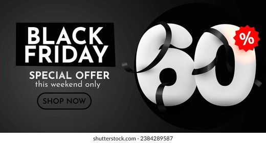 60 percent Off. Black Friday Sale composition with decorative objects, balloons, golden confetti, podium. Discount banner and poster. Vector illustration.