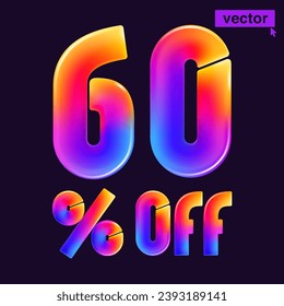 60% percent OFF cartoon vivid lettering. Realistic 3D Special Price design. Holiday Sale vector banner. Gradient emblem for Discount coupon, Buy Now promo, multicolored emblems, vibrant futuristic ad.