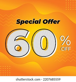 60% de descuento. Plantilla de diseño para marketing de ofertas especiales. 60% de descuento promocional. Diseño conceptual de pancartas amarillas y naranjas.
