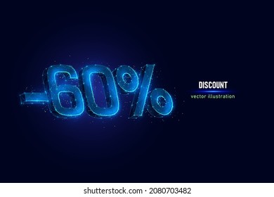 60 por ciento de wireframe digital hecho de puntos conectados. Descuento de vacaciones ilustración vectorial de baja polilla sobre fondo azul.