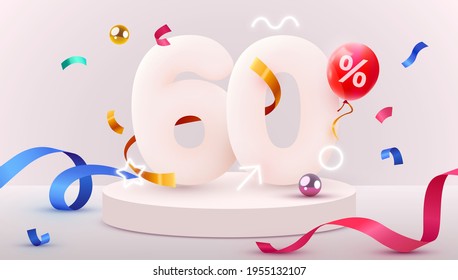 60 percent Off. Discount creative composition. 3d sale symbol with decorative objects, heart shaped balloons, golden confetti, podium and gift box. Sale banner and poster. Vector illustration.