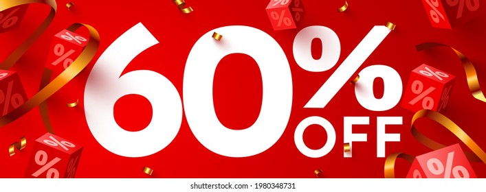 60% de descuento. Descubre la composición creativa. Mega venta 60% símbolo con objetos decorativos. Cartel y afiche de venta. Ilustración vectorial.