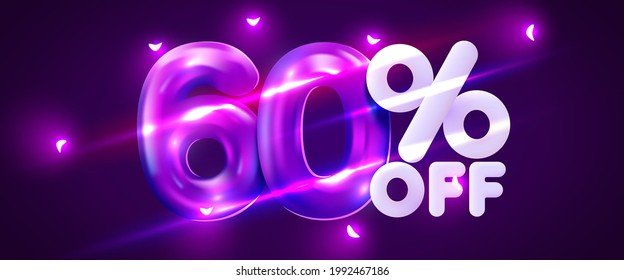 60% de descuento. Descubre la composición creativa. 3 d mega venta 60% símbolo con objetos decorativos. Cartel y afiche de venta. Ilustración vectorial.