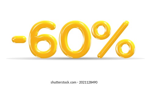 60 percent Off. Discount creative composition of golden or yellow balloons. 3d mega sale or sixty percent bonus symbol on white background. Sale banner and poster. Vector illustration.