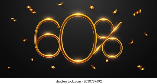 60 percent Off. Discount creative composition of golden balloons. 3d mega sale 60% or sixty percent bonus symbol with confetti. Sale banner and poster. Vector illustration.