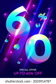 60% de descuento. Descubre la composición creativa. Mega venta 60% de pancarta de neón. Ilustración vectorial.