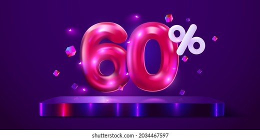 60 percent Off. Discount creative composition. Mega sale 60% neon banner. Vector illustration.