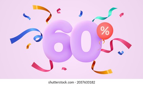 60 percent Off. Discount creative composition. 3d sale symbol with decorative confetti. Sale banner and poster. Vector illustration.