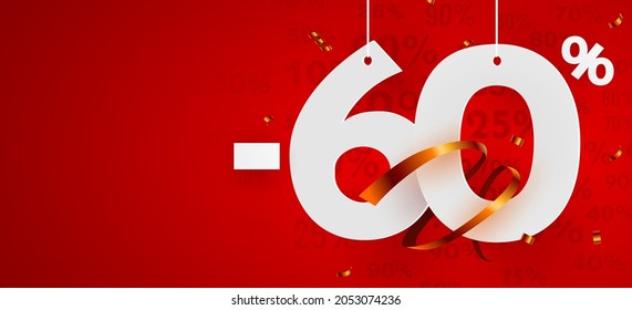 60 percent Off. Discount creative composition. Mega sale symbol with decorative objects. Sale banner and poster. Vector illustration.