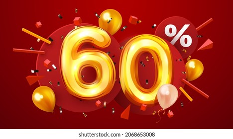 60 percent Off. Discount creative composition. 3d golden sale symbol with confetti and balloons. Sale banner and poster. Vector illustration.