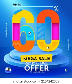 60 % Rabatt. Discount Creative Komposition. Verkaufssymbol mit dekorativen Gegenständen und Podium. Verkaufen Sie Banner und Poster. Vektorgrafik.