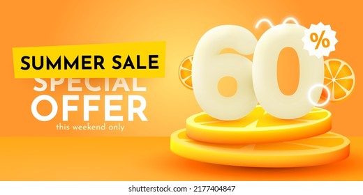 60% de descuento. Descubre la composición creativa. Cartel de venta de verano con naranja. Cartel y afiche de venta. Ilustración vectorial.