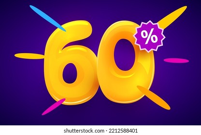 60 percent Off. Discount creative composition. 3d sale symbol with decorative objects. Sale banner and poster. Vector illustration.
