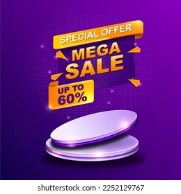 60 percent Off. Discount creative composition. 3d mega sale 60% symbol with decorative objects. Sale banner and poster. Vector illustration.