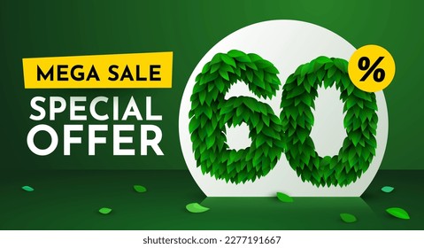 60 percent Off. Discount creative composition. Sale brochure with font made from leaves. Sale banner and poster. Vector illustration.