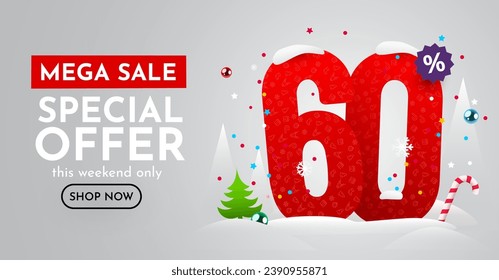 60 percent Off. Discount creative composition. Merry Christmas and Happy New Year. Sale banner and poster. Vector illustration.