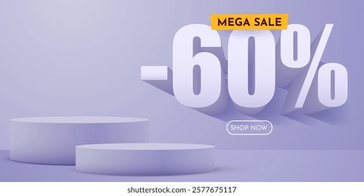 60 percent Off. Discount creative composition. Product presentation, mock up, podium. Sale banner and poster. Vector illustration.