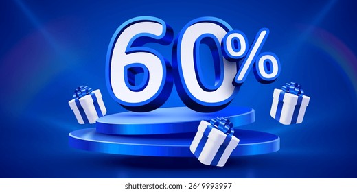 60% de desconto. Desconto composição criativa, maquete com pódio e presente caixas pódio. Banner e cartaz de venda. Vetor