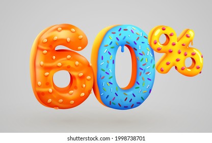 60 percent Off. Discount dessert composition. 3d mega sale 60% symbol with flying sweet donut numbers. Sale banner or poster. Vector illustration