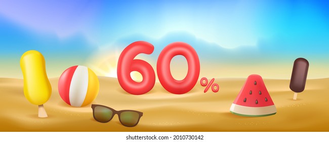 60 Percent off discount sale. Summer background, discount sale. Red 3D numbers on the sandy beach. Season sale.