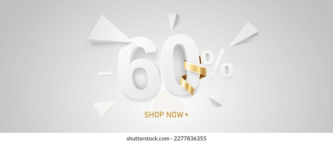 60 Percent off discount sale background. White 3D number with percent sign and golden ribbon. Promotion template design.