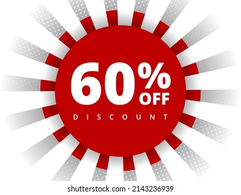 60 percent off discount. Special offer sale 60 percent off. Sale discount offer. Vector modern promotion banner sixty percent discount in red circle on white background with halftone dots and lines.