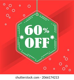 60 percent off. Green and red banner for promotions and offers.