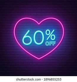 60 percent off neon sign in a heart shape frame. Valentine day discount lighting design.