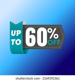 60% percent off, with online discount label design, UP to, icon in black and cyan flag and blue background, Big sale