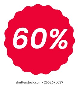 60% percent off red circular starburst shape discount badge pack, white on red, minimalist design, sale icon discount badge promotional graphics vector illustration