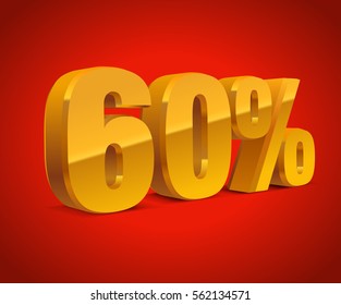 60% percent off, sale background, golden-yellow isolated object 3D. Eps10 Vector.