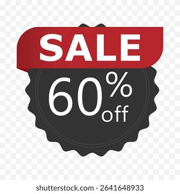 60 percent off sale badge. Black sticker with red ribbon and bold discount text on transparent background. Vector illustration for promotion, e-commerce, and advertising.