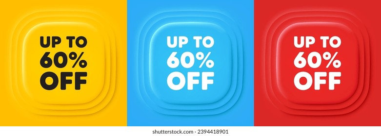 Up to 60 percent off sale. Neumorphic offer banners. Discount offer price sign. Special offer symbol. Save 60 percentages. Discount tag podium background. Product infographics. Vector