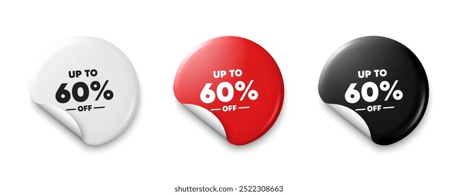 Até 60% de desconto. Etiqueta de preço com mensagem de oferta. Sinal de preço de oferta de desconto. Símbolo de oferta especial. Economize 60%. Faixas de etiquetas adesivas. Crachá de etiqueta de desconto. Vetor