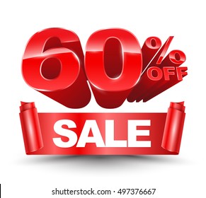 60 percent off sale red ribbon banner roll. Vector illustration for promotion advertising.