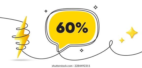 60 percent off sale tag. Continuous line art banner. Discount offer price sign. Special offer symbol. Discount speech bubble background. Wrapped 3d energy icon. Vector