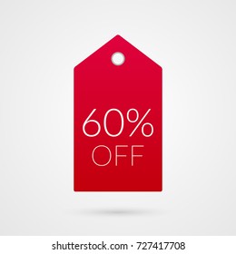 60 percent off shopping tag vector icon. Sixty red and white isolated discount symbol. Illustration sign for sale, advertisement, marketing project, business, retail, wholesale, shop, store, finance 