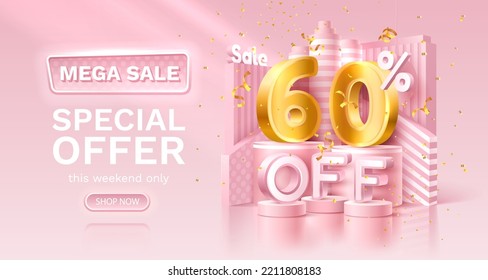 60 percent Special offer mega sale, golden confetti, podium and gift box. Sale banner and poster. Vector illustration.