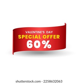 60 percent Special red offer banner design, Red ribbon for price tag. special Valentine Day. Vector illustration