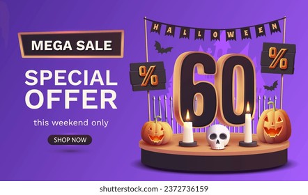 60 por ciento de descuento. Plantilla de banner de venta de Halloween. Podio y números con cantidad de descuento. Oferta especial de octubre. Ilustración vectorial.