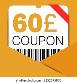 60 Pound Coupon promotion sale for a website, internet ads, social media gift 60 off discount voucher. Big sale and super sale coupon discount. Price Tag Mega Coupon discount vector illustration.