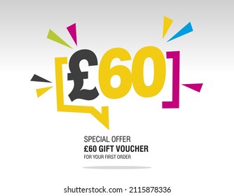 60 Pound Sterling internet website promotion sale offer big sale and super sale modern colorful coupon code £60 discount gift voucher coupon