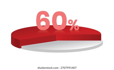 60% vermelho e branco gráfico de pizza 3d. Ilustração vetorial.