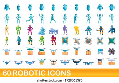 60 iconos robóticos. Ilustración de dibujos animados de 60 iconos robóticos vectores aislados en fondo blanco