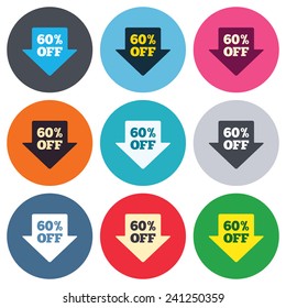 60% sale arrow tag sign icon. Discount symbol. Special offer label. Colored round buttons. Flat design circle icons set. Vector